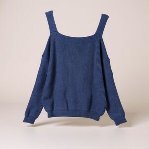 Cold Shoulder Sweater Women Small Blue Square Neck Oversized Long Sleeved